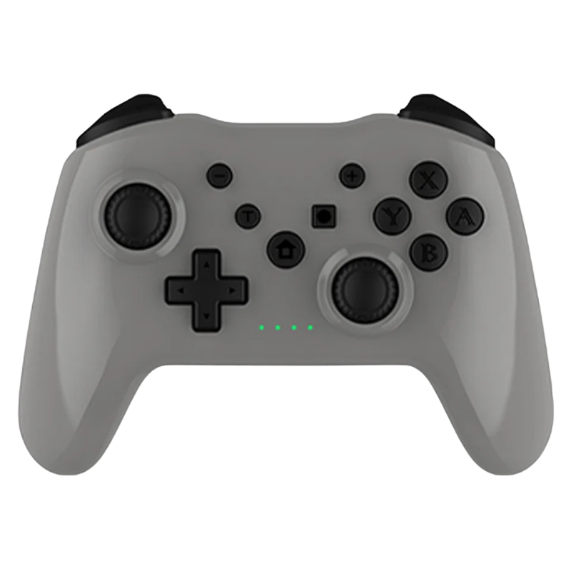 Gray gaming controller with black buttons on a white background