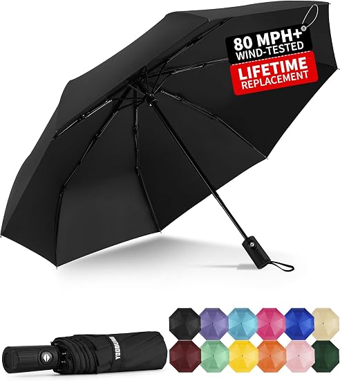 Windproof Travel Umbrella - Automatic Umbrellas for Rain, Compact Folding Umbrella with UV Protection, Lightweight Portable Design for Backpack/Walking/Car, Sun & Storm Ready