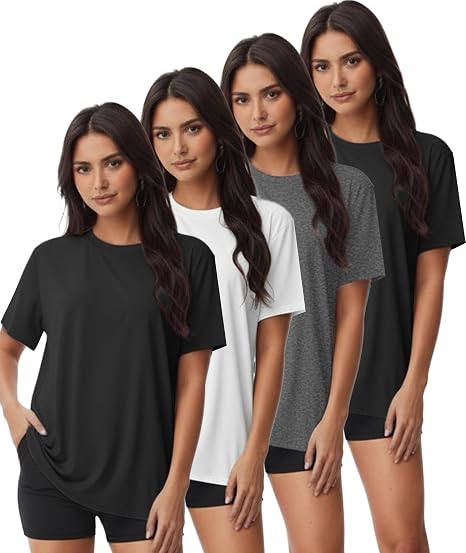 Kinglaman 4 Pack Women Basic T Shirts Tees Workout Short Sleeve Casual Tops | Loose fit, Crew neck, Athletic gym tops, Soft fabric for daily workout wear
