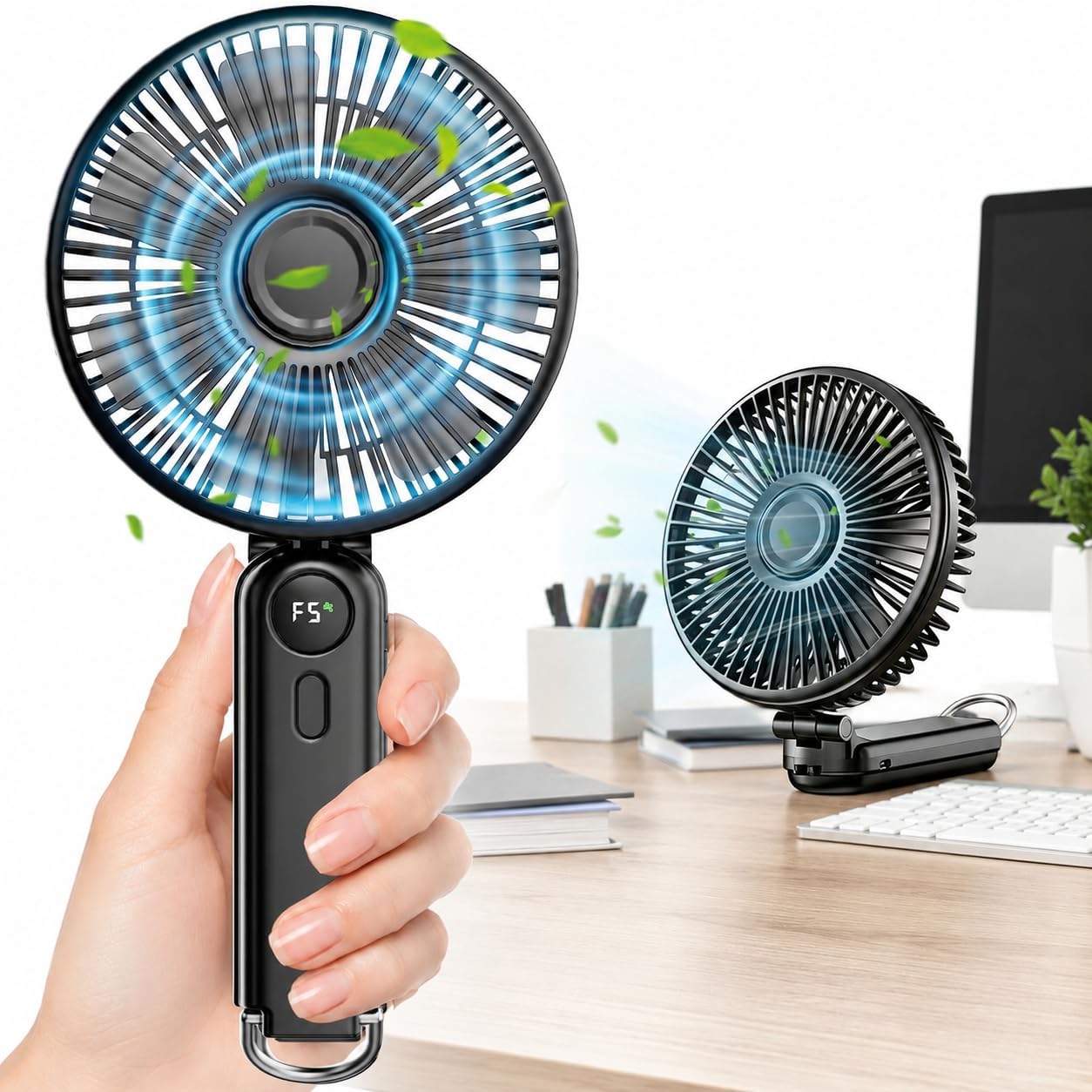 Portable Handheld Fan, 10000mAh Rechargeable Personal Fan for 40H, 6-Inch Ultra Quiet Foldable Hand Fan, 5-Speed Gentle Airflow Battery Operated Fans for Travel Outdoor Lash Makeup Gifts for Women