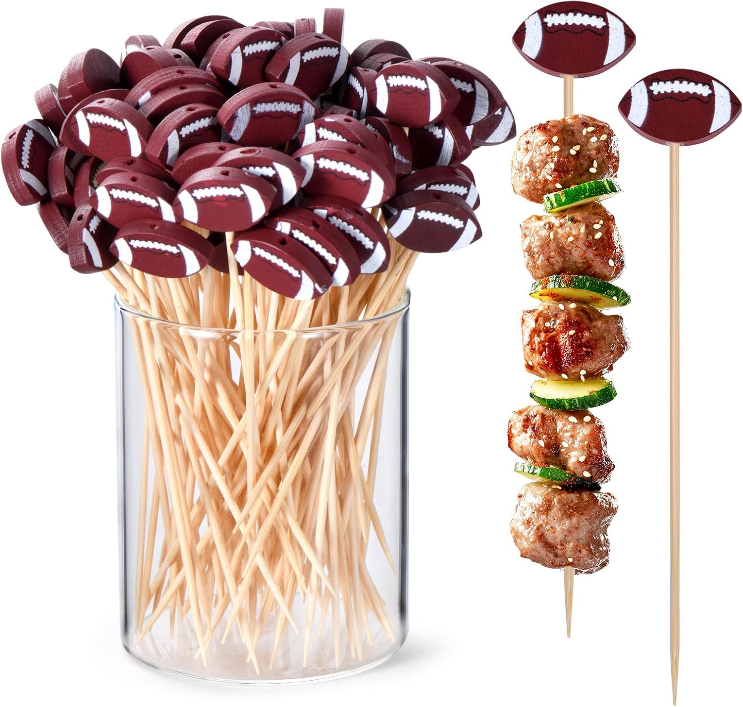 JtmyAota 100 Pack Football Toothpicks, 4.7 Inch Bamboo Cocktail Picks, Bamboo Toothpicks for Rugby Ball Super Bowl League Sports Catered Events Party Supplies
