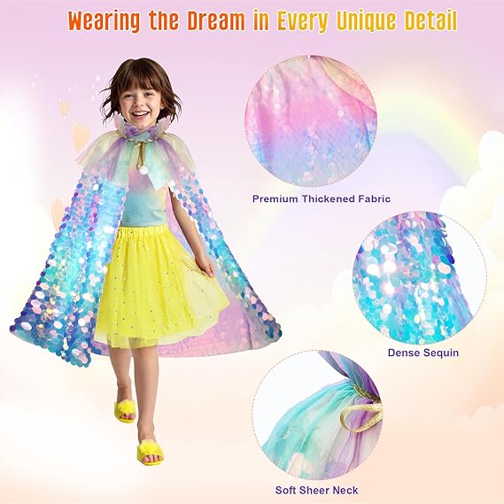 Meland Princess Dress Up for Girls 3-8, Mermaid Cape with Crown, Dress Up Clothes Birthday Gift Toys for Girls Toddlers