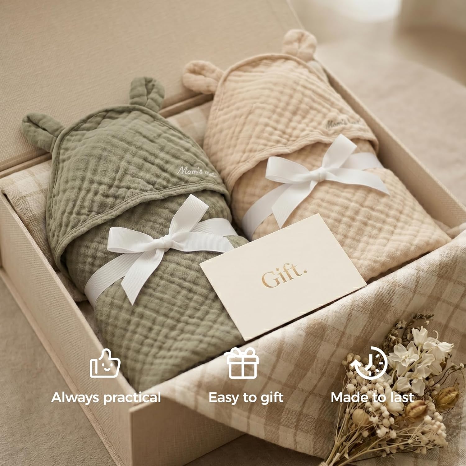 Momcozy Baby Towels, 6-Layer 100% Cotton Muslin Hooded Baby Towel Set for Newborn, Infant & Toddler, Soft Absorbent Baby Bath Essentials, Large 32 x 32 Inch