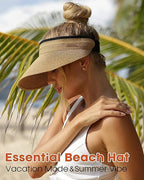 Womens Sun Visor Hat Straw Sun Visors for Women Summer Packable Ponytail Beach Hats for Women Travel UPF 80+