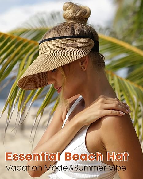 Womens Sun Visor Hat Straw Sun Visors for Women Summer Packable Ponytail Beach Hats for Women Travel UPF 80+
