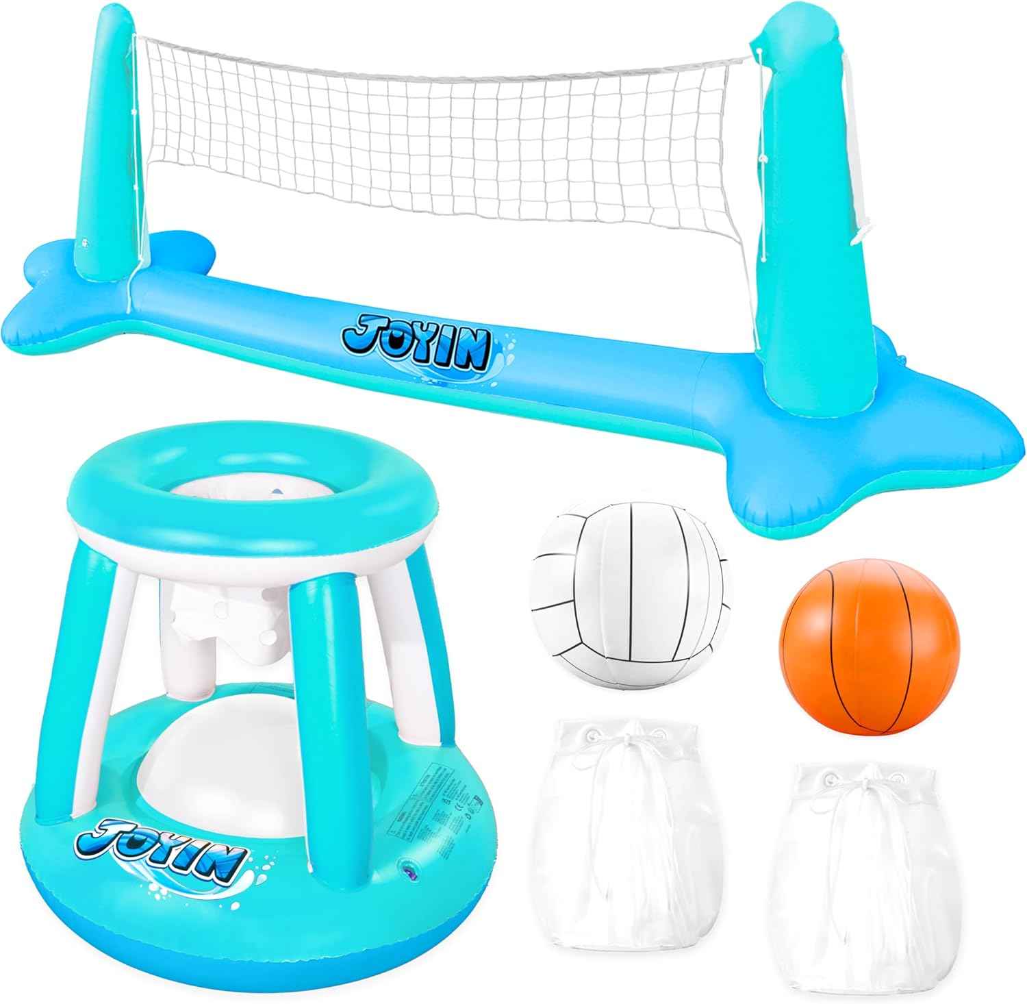 JOYIN Inflatable Pool Float Set Volleyball Net & Basketball Hoops, Balls Included for Kids and Adults Swimming Game Toy, Summer Floaties, Volleyball Court |Basketball