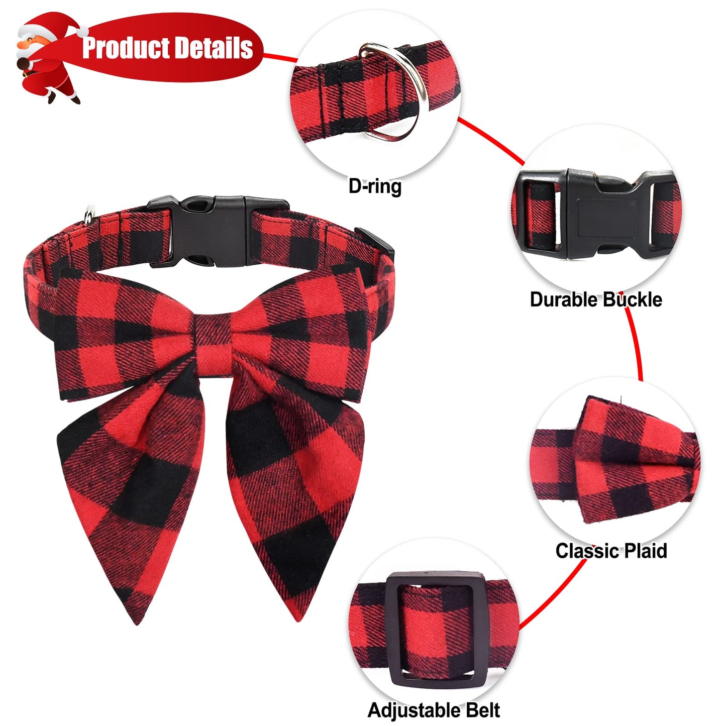 Christmas Dog Collar with Bow Tie – Plaid Adjustable Collar for Pets