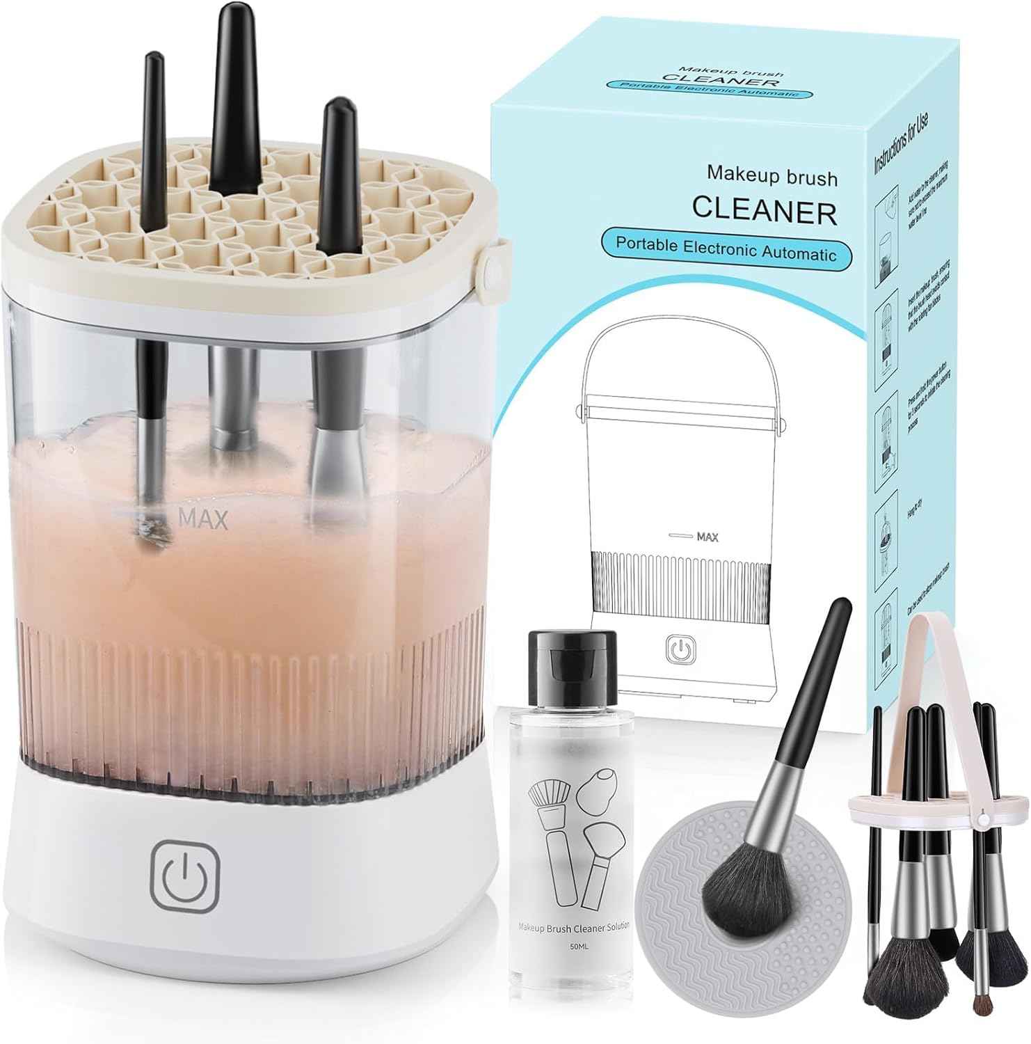 Electric Makeup Brush Cleaner - 12000 RPM Makeup Brush Cleaning Machine, IP65 Waterproof Automatic Makeup Brush Cleaner with Cleaning Solution, for Makeup Sponges and Brushes-White.