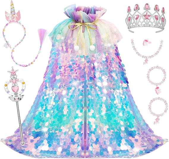 Meland Princess Dress Up for Girls 3-8, Mermaid Cape with Crown, Dress Up Clothes Birthday Gift Toys for Girls Toddlers