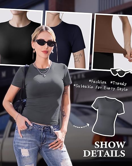 TNNZEET 6 Pack Womens Shirts - Short Sleeve Slim Fit Tight Crop Tops Spring Summer Clothes Basic Tees for Workout Gym Casual