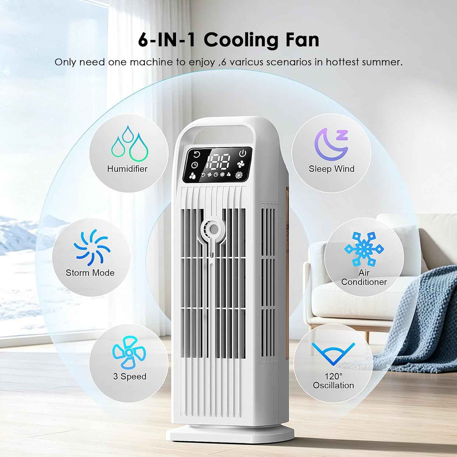 Portable Air Conditioners, 4 IN 1 Evaporative Air Cooler, 1200ML Water Tank, 3 Speeds & Storm Mode & Mist Spray, 120° Auto Oscillation, 12H Timer, Quiet Tower Cooling Fan for Room, Bedroom - White ﻿