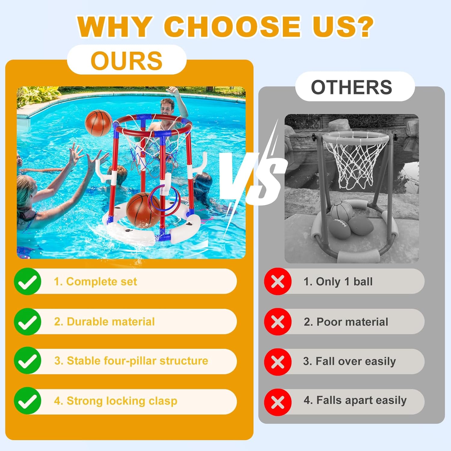 2-in-1 Poor Toy Basketball & Ring Toss Game with 4 Balls, 6 Rings&Pump, Summer Pool Toys Outdoor Water Fun Family Party for Age 3-12