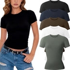CE' CERDR 3/5 Pack Womens T Shirts Short Sleeve Workout Tops Basic Tees | Crew Neck, Fitted Plain Tshirts, Stretchy Undershirt, Casual Going Out Gym, Summer Layering Clothes, Y2K Crop Tops
