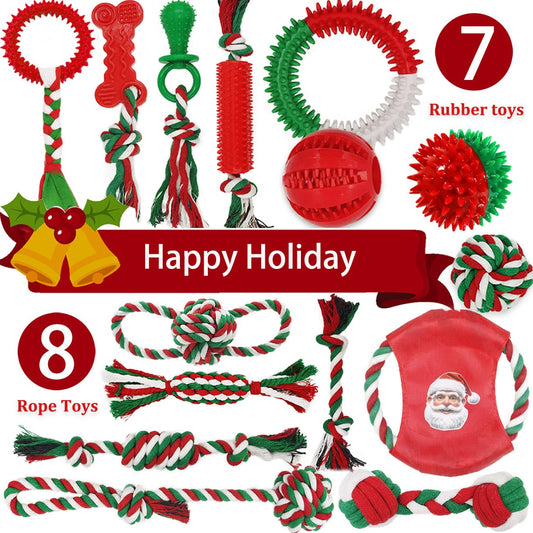 Christmas Dog Toys Bulk 15 Pack – Holiday Puppy Chew & Rope Gift Set