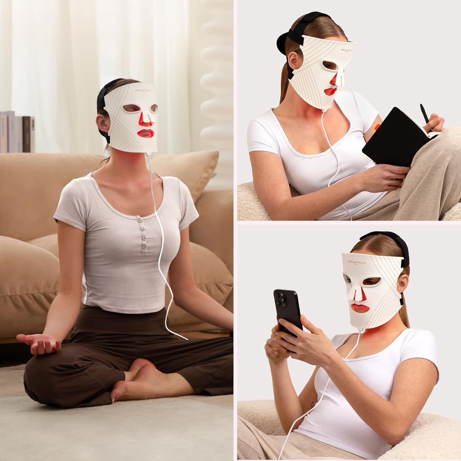 wavytalk Red Light Therapy Mask for Face, Glow Time LED Face Mask Light Therapy for Anti-Fine Line, Acne, Skin Rejuvenation with Red, Near-Infrared Light, Blue and Amber Light Therapy (White)
