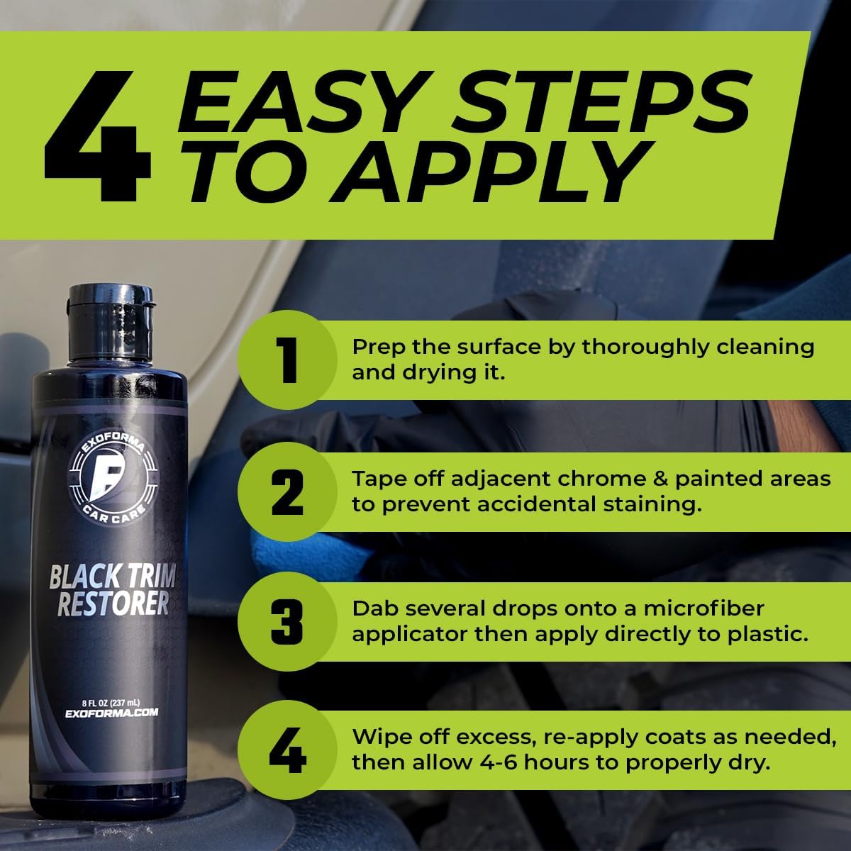 ExoForma Black Trim Restorer - Lasts 6+ Months, Dye Infused Waterproof Plastic Restorer for Cars - Perfect for Faded Bumpers, Trim & Vinyl on Jeeps, Truck Beds, Avalanches & ATVs