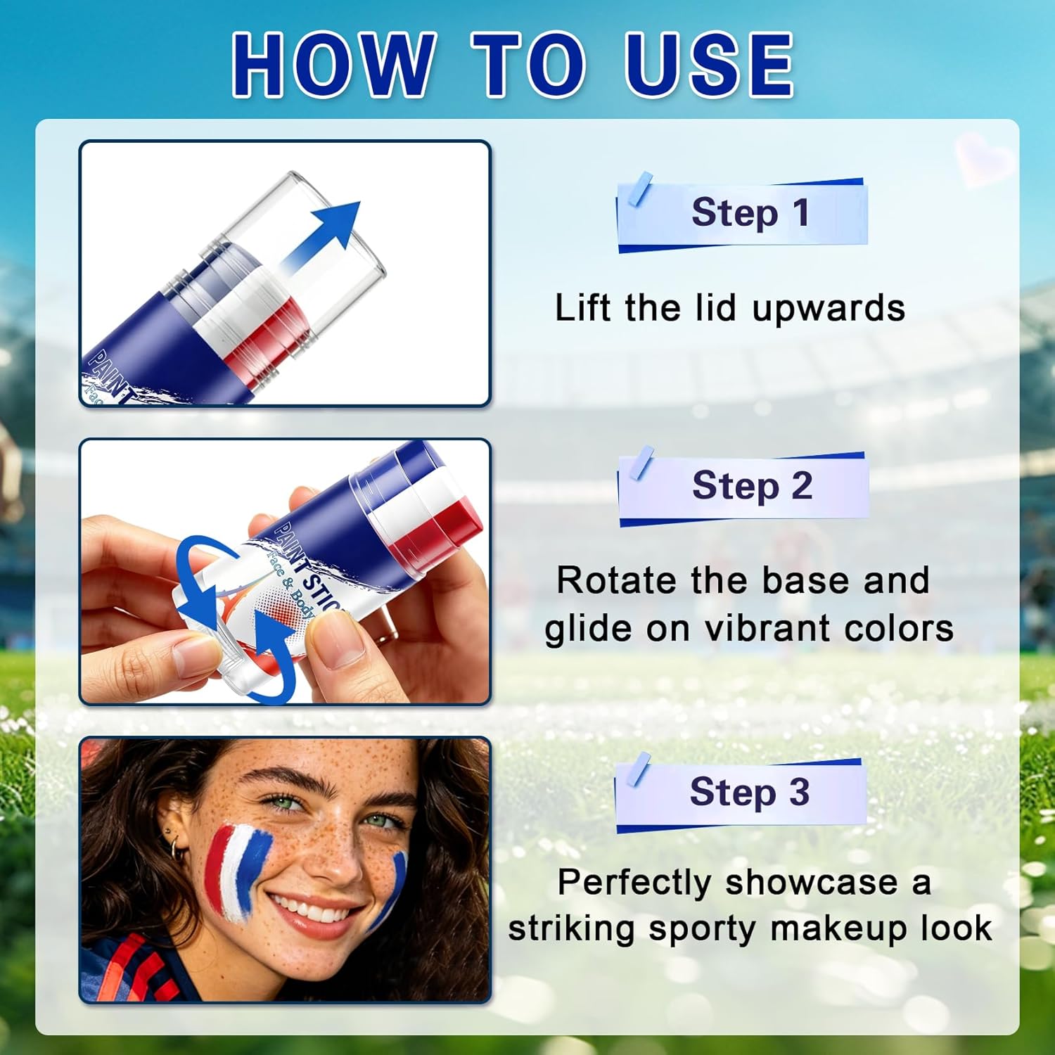 3 in 1 Colors Face Body Paint Sticks for Soccer,Football,Softball,Baseball,High Pigment & Waterproof Eye Black Stick Makeup