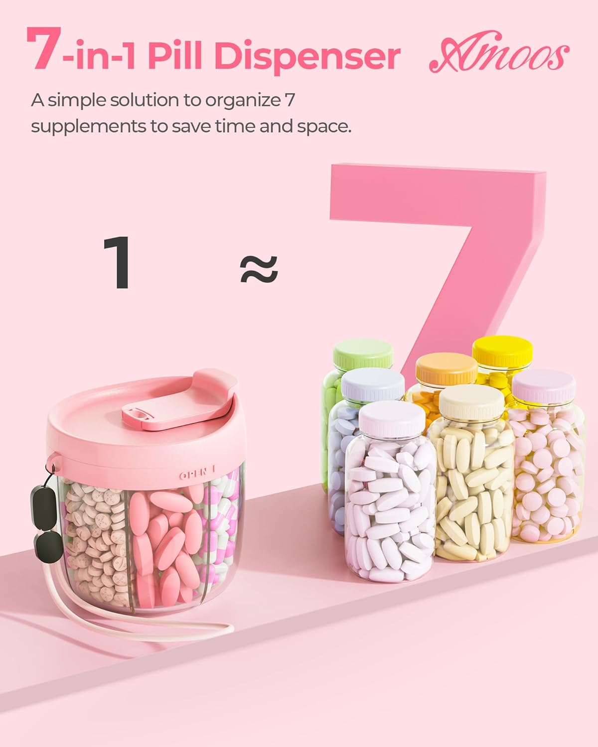 AMOOS Cute Pill Dispenser with 7 Large Compartments, Portable Pill Bottle Organizer with Wide Opening for Easy Use, Anti-Mix Pill Organizer for Travel, BPA-Free Pill Container