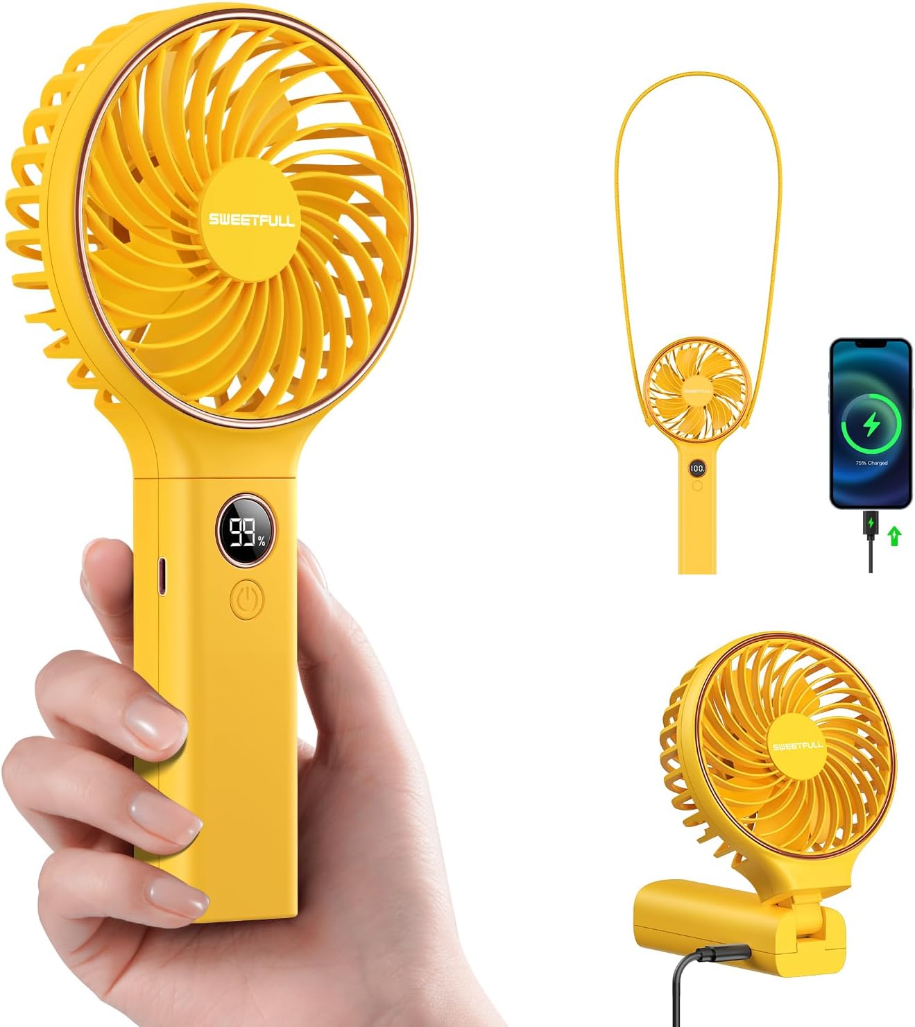 SWEETFULL Handheld Portable Fan, 5000mAh Rechargeable Battery, 6 Speed Wind, LED Digital Display, Foldable Electric Personal Mini Travel Fan with Backup Power, Summer Essentials Gifts for Women Girl