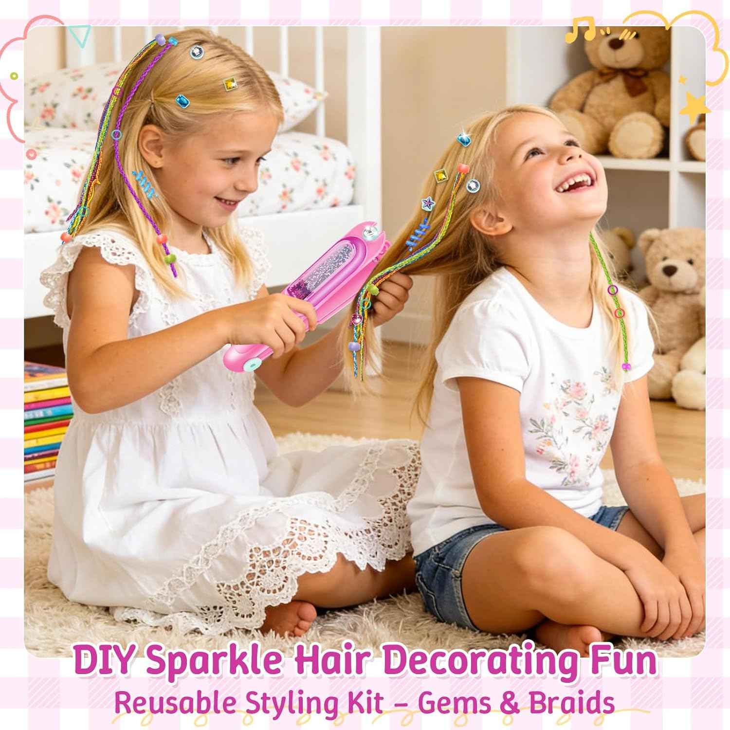 DIY Hair Salon Toys for Girls, Hair Gem Stamper Kit And Hair Rope Braider, Bling Hair Jewels Styling Tool with Glitter Diamonds Comb Beads Accessories Christmas Birthday Gifts for Girl 3 4 5 6 7 8-12