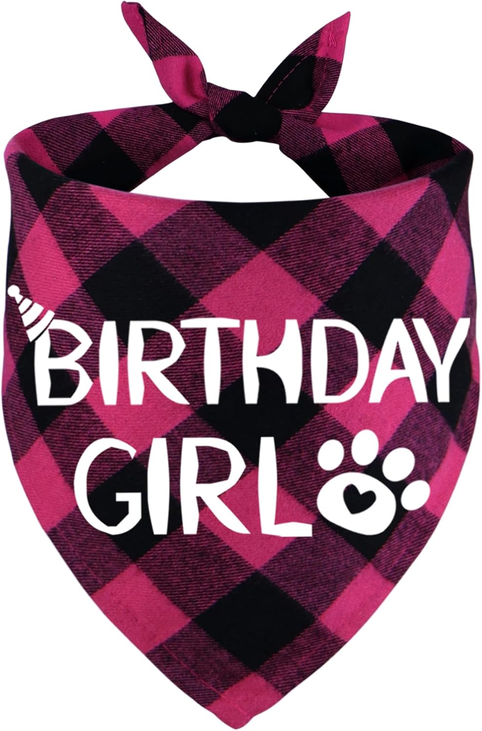 Plaid bandana with 'Birthday Girl' text and paw print on a white background