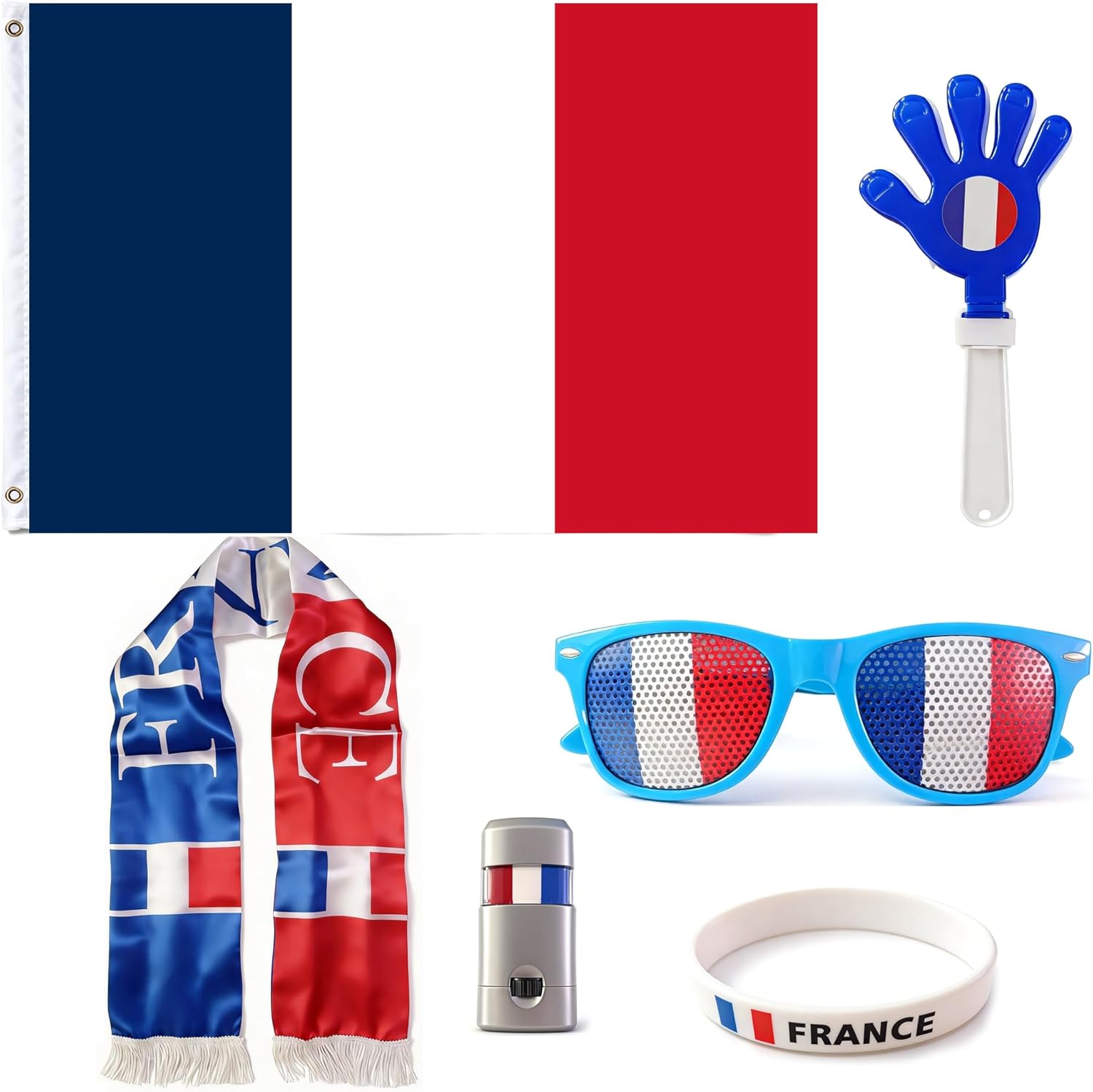 6 Pcs Cheering Set for Game Day Watch Party – Flag, Fan Scarf, Wristband, Flag Glasses, Hand Clapper, Blendable Face Paint Sticks