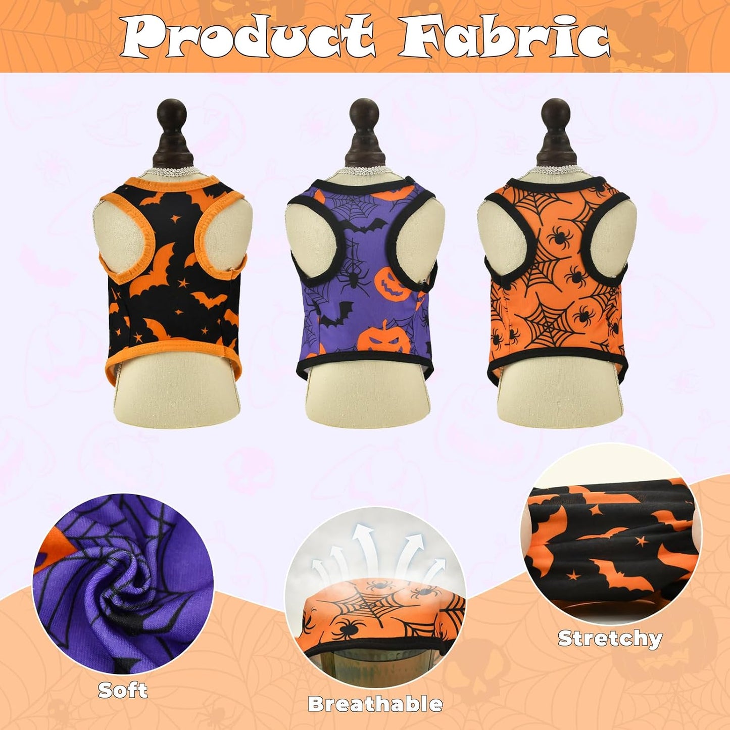 3-Pack Halloween Dog Shirts - Pumpkin, Bat & Spider Patterns