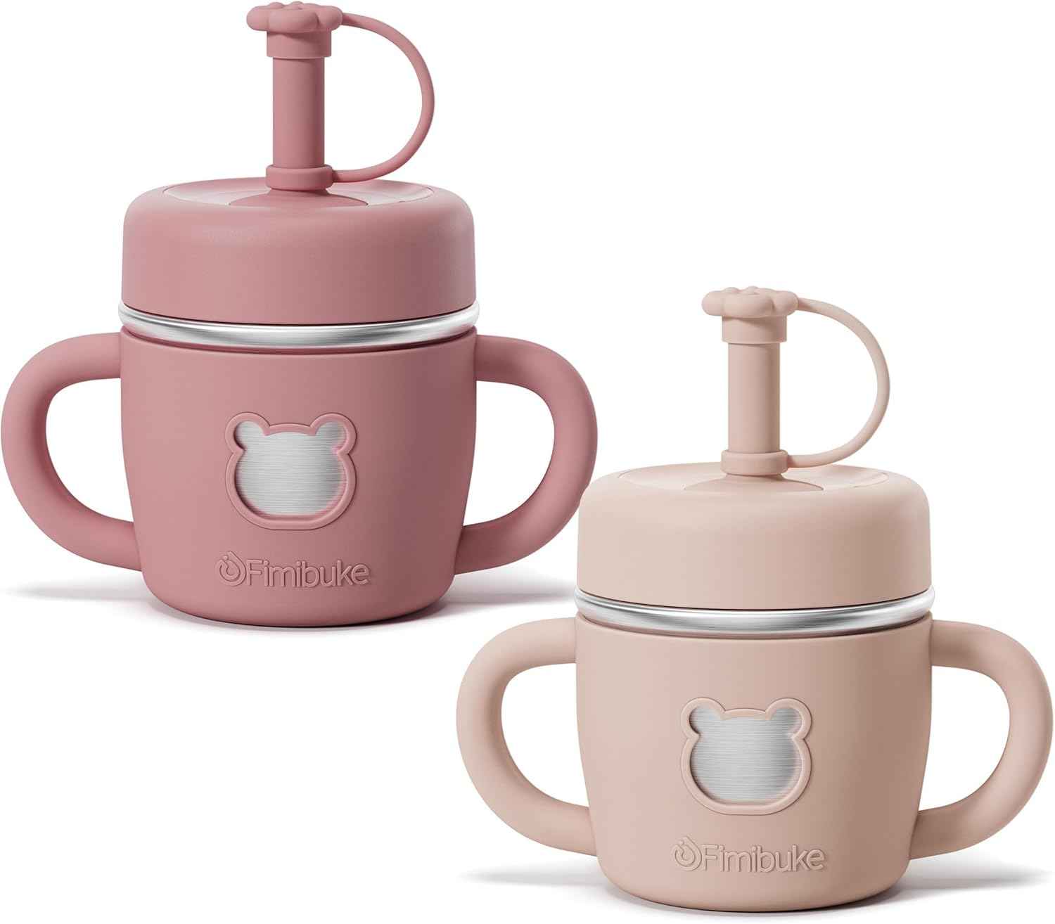 Fimibuke Sippy Cups for Toddlers, 10 OZ Spill Proof Kids Cup, Leak Proof Stainless Steel Tumbler with Handle, Silicone Straw & Sleeve, BPA Free Dishwasher Safe Girl Boy Kids Water Bottle, 2 Packs