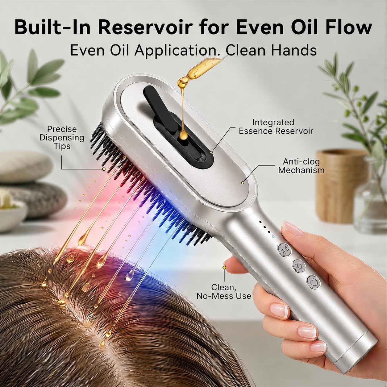 Dayln Electric Scalp Massager Hair Oil Applicator, Cordless Vibration Head Massager, Red Light Hair Brush, Deep Clean Comb for Home & Travel Silver