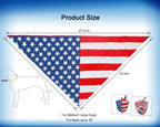 American flag patterned bandana with measurements on a blue background