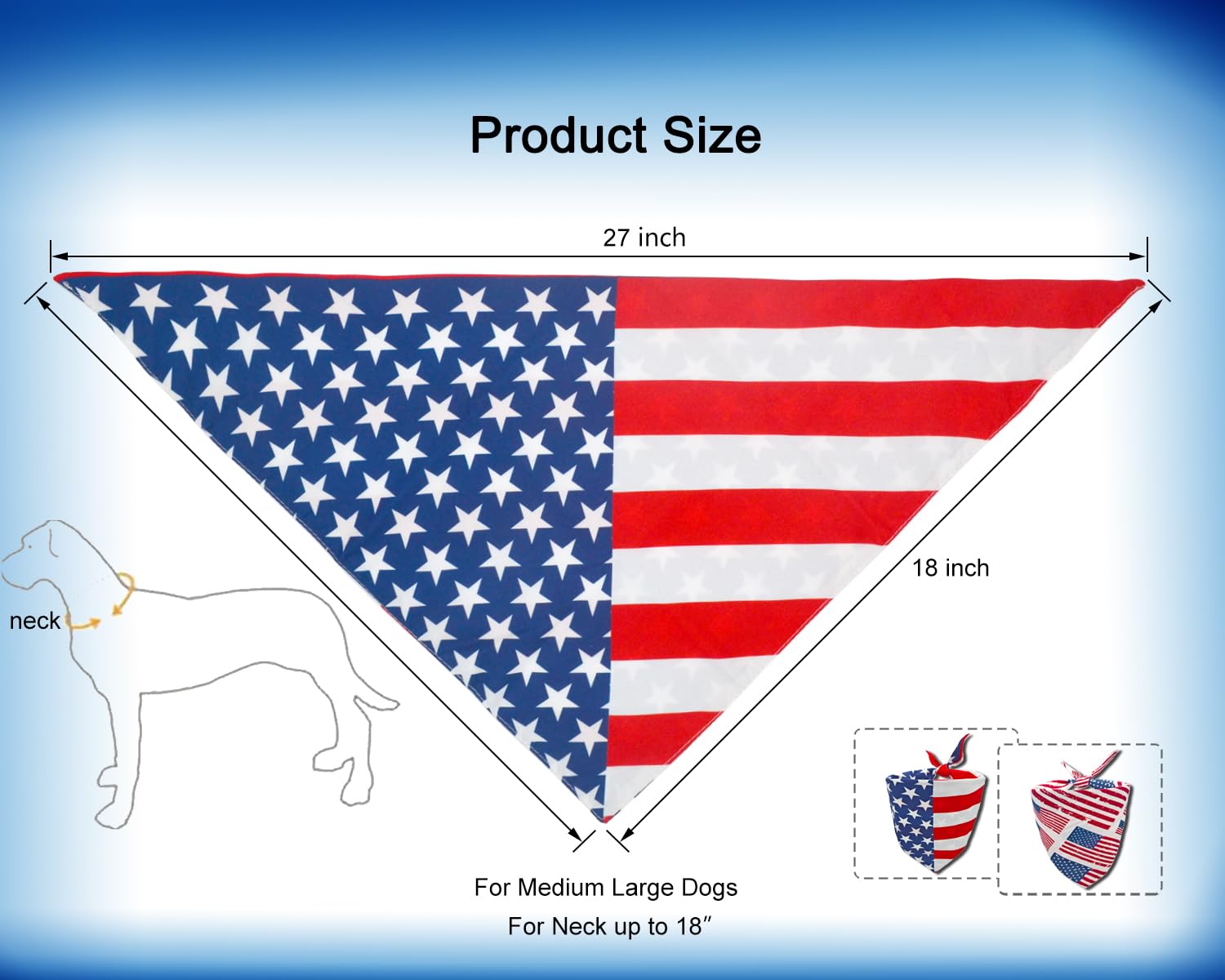 American flag patterned bandana with measurements on a blue background
