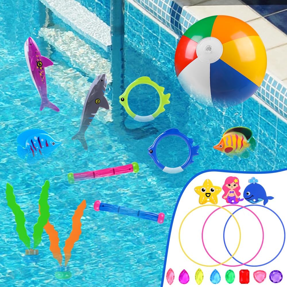 YUJUN Pool Diving Swimming Toys, Summer Underwater Game Toys with Pool Fishes Dive Sticks Rings Gems Storage Bag for Kids Swim Birthday Party Favors