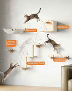 Cat Wall Shelves for Large Cats, 5-in-1 Cat Wall Furniture with Large Hammock and Wide Perch, Wooded Wall Climbing Furniture Set for Indoor Cats