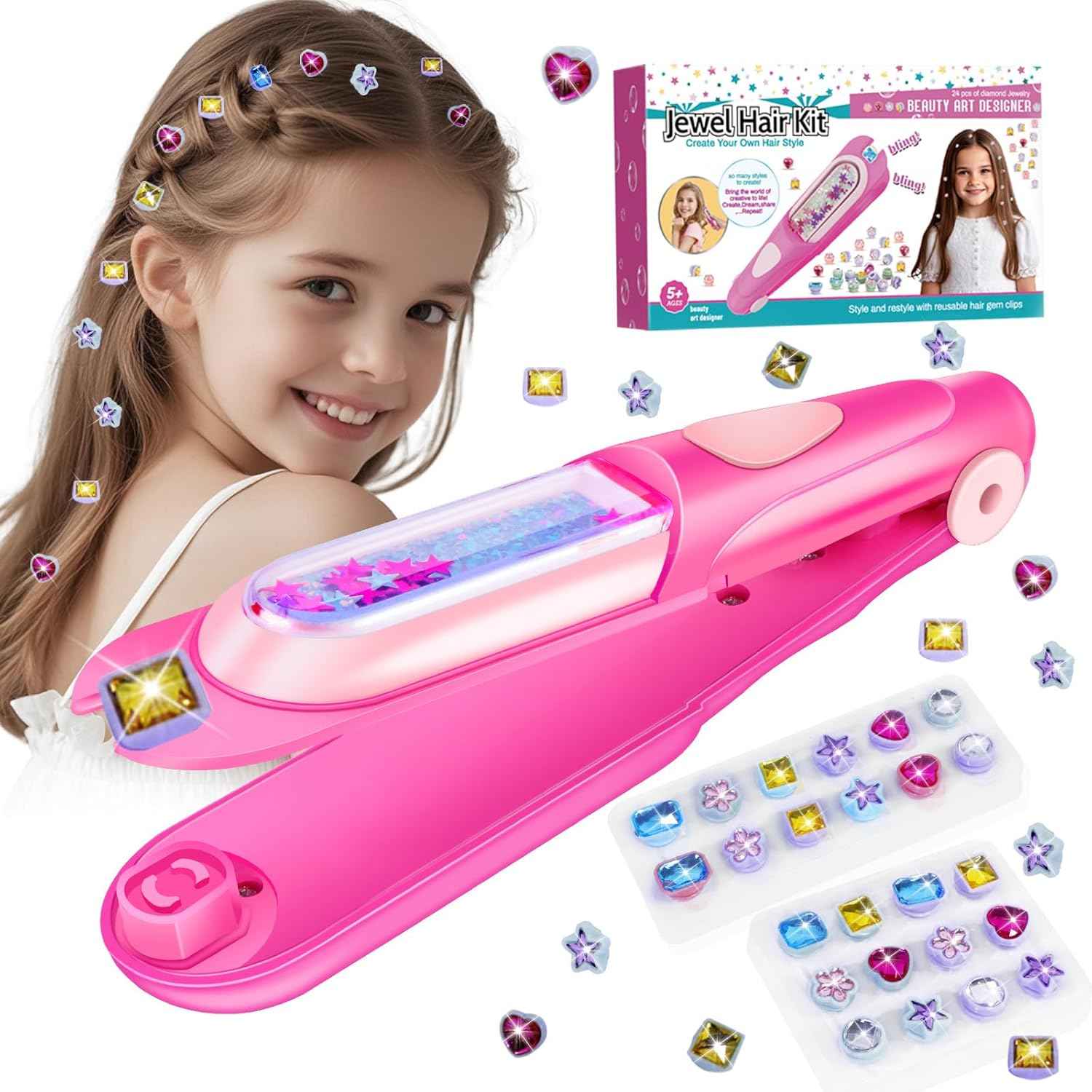 kidzkube Hair Gem Stamper Kit, Bling Hair Jewels for Girls Toys, Hair Styling Tool with Reusable Shining Diamonds, Birthday Gifts Toys for Girls Ages 3 4 5 6 8-12