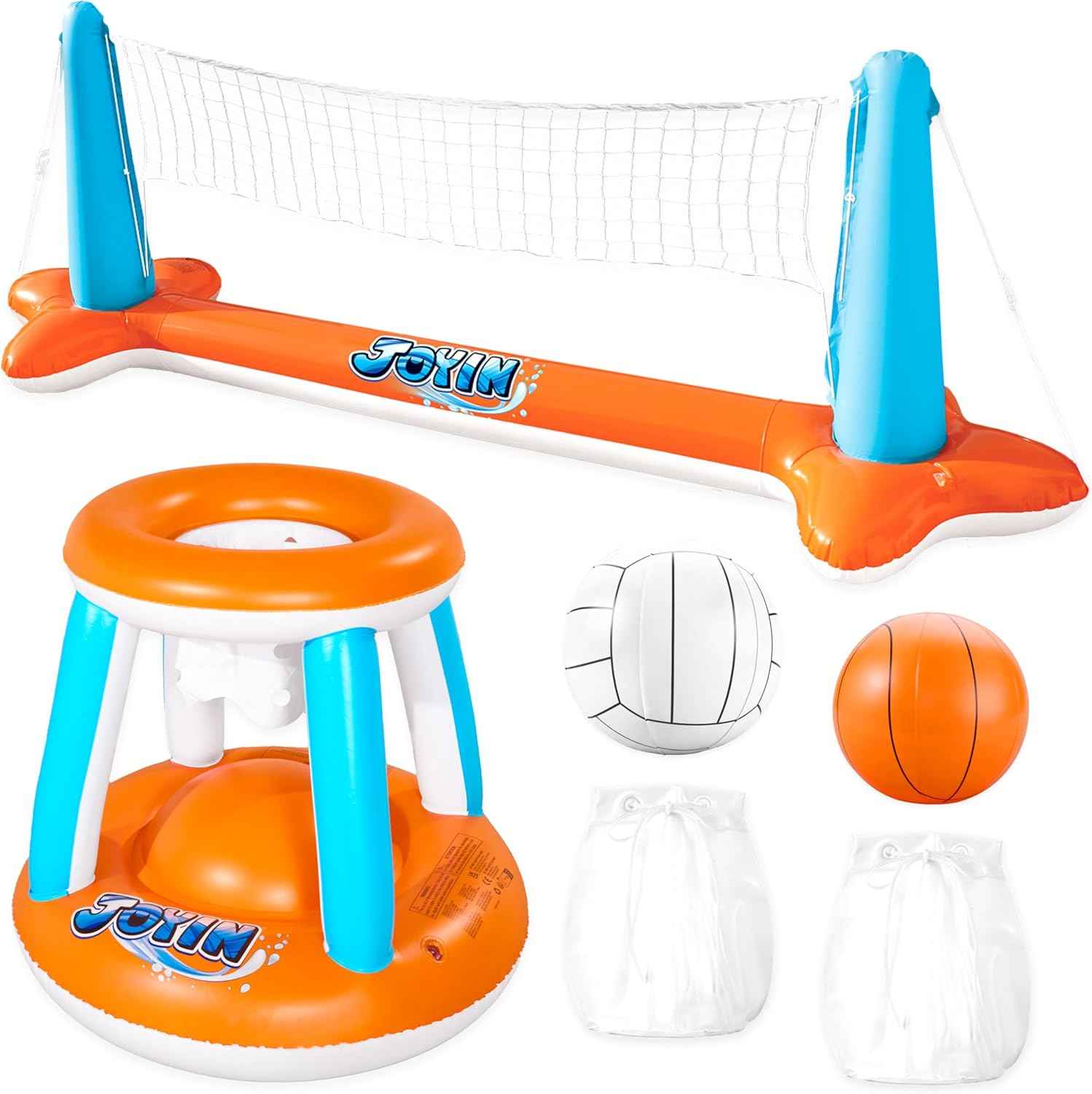 JOYIN Inflatable Pool Float Set Volleyball Net & Basketball Hoops, Balls Included for Kids and Adults Swimming Game Toy, Summer Floaties, Volleyball Court |Basketball
