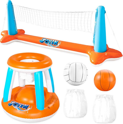 JOYIN Inflatable Pool Float Set Volleyball Net & Basketball Hoops, Balls Included for Kids and Adults Swimming Game Toy, Summer Floaties, Volleyball Court |Basketball