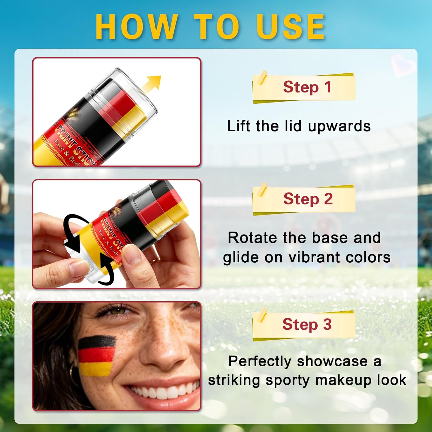 3 in 1 Colors Face Body Paint Sticks for Soccer,Football,Softball,Baseball,High Pigment & Waterproof Eye Black Stick Makeup