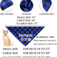 Blue and black checkered bandana with 'Birthday Boy' text, size chart, and pet measurement guide on a white background.