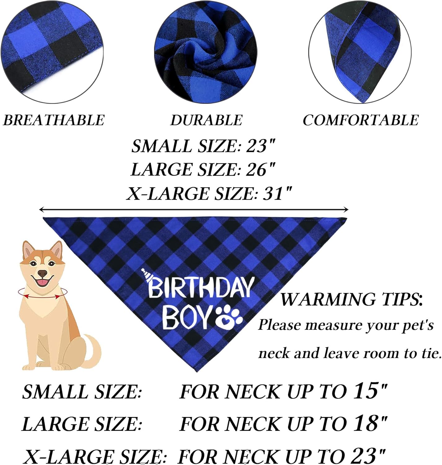 Blue and black checkered bandana with 'Birthday Boy' text, size chart, and pet measurement guide on a white background.