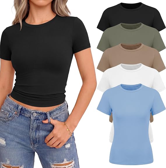 NexiEpoch 5 Pack T Shirts for Women - Crew Neck Short Sleeve Crop Tops Plain Casual Basic Tees Fitted Clothes Cute Y2K Outfit