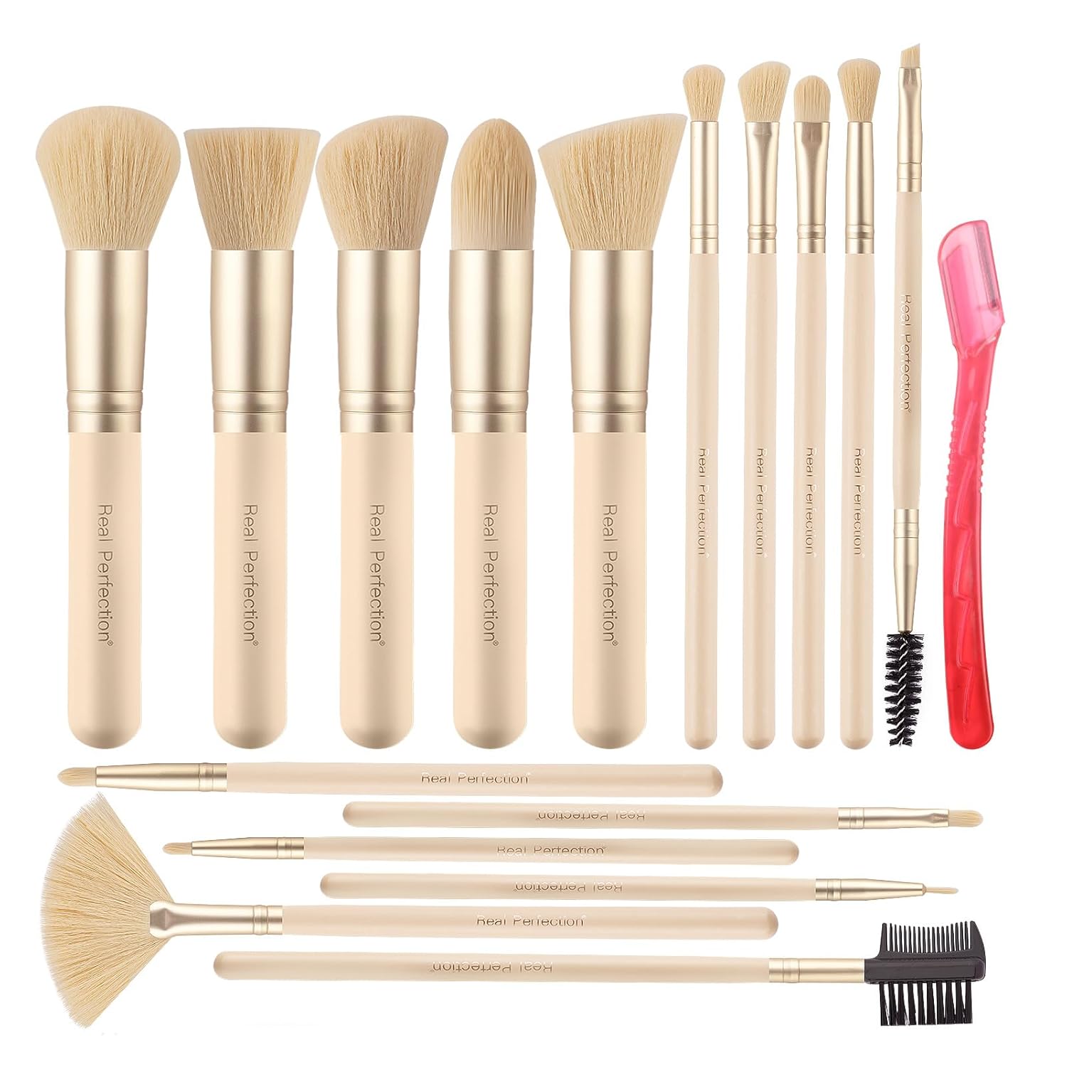 Real Perfection Makeup Brush Set 16 Pcs with 1 Eyebrow Razor Premium Synthetic Foundation Powder Concealers Eyeshadow Blush Makeup Brushes Make up Brushes Kit