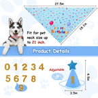Pet birthday bandana with text 'It's My Birthday!' and measurements, featuring a dog wearing it.