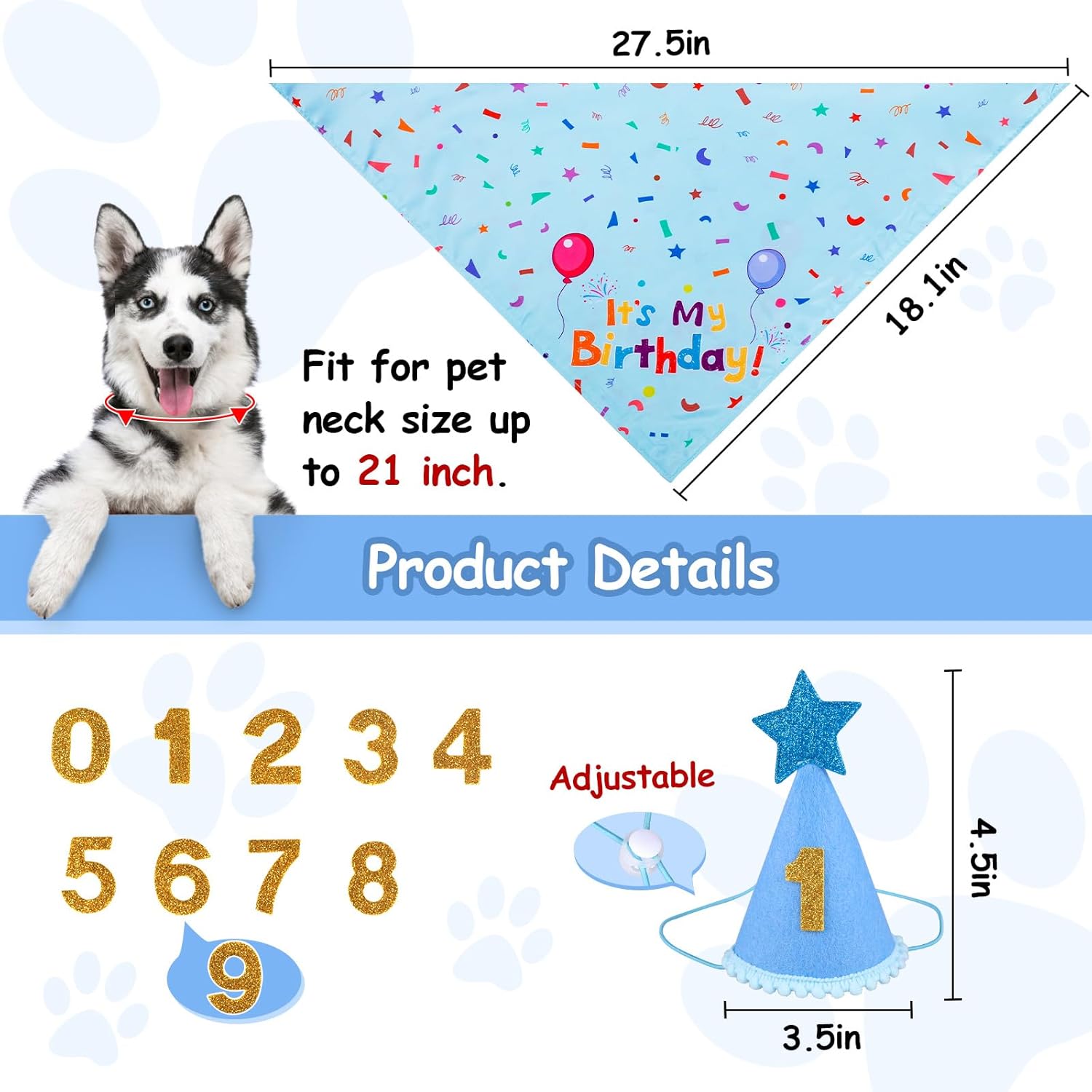 Pet birthday bandana with text 'It's My Birthday!' and measurements, featuring a dog wearing it.