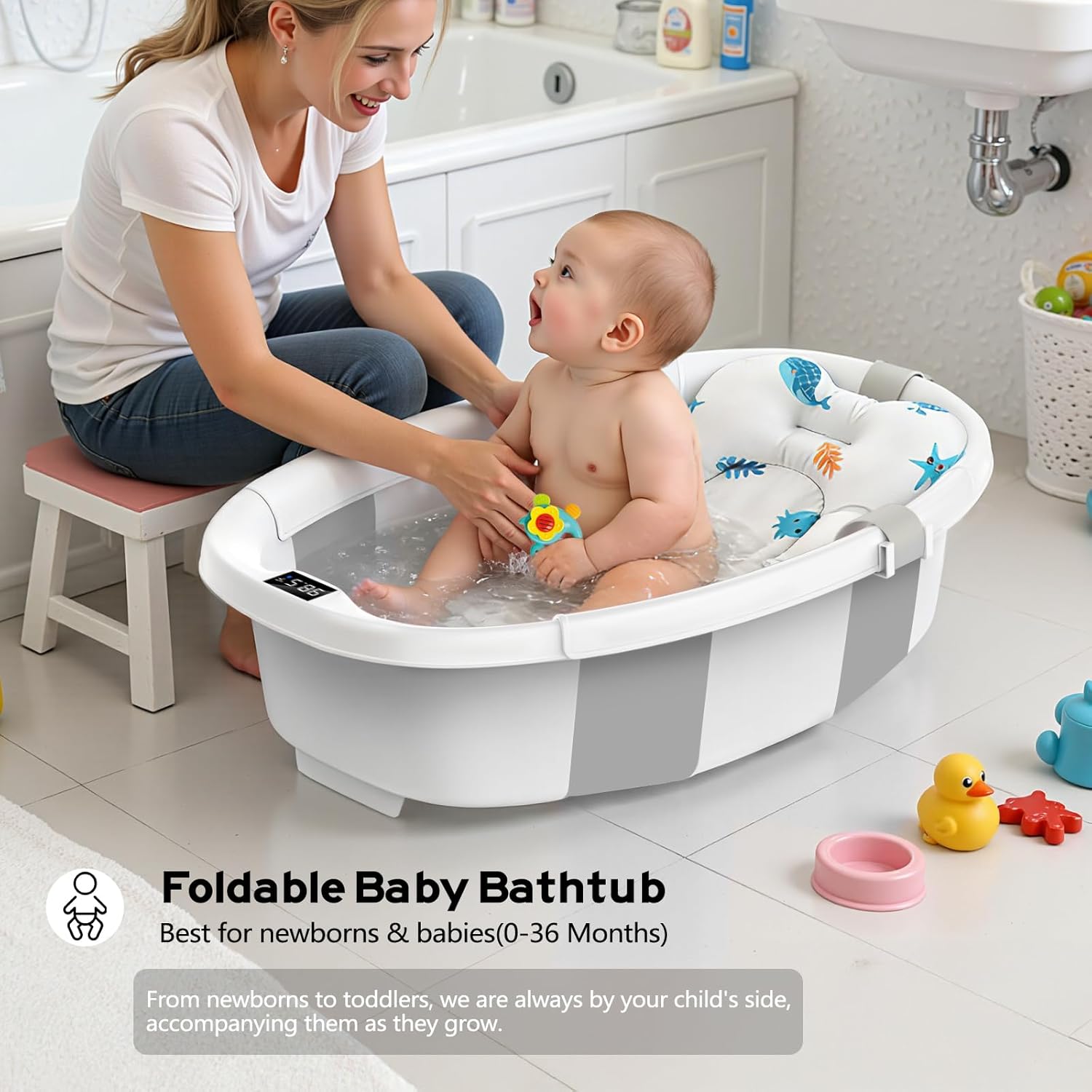 Collapsible Baby Bathtub for Newborn to Toddler 0-36 Months, Large Baby Bath Tub with Thermometer & Cushion, Easy Setup Foldable Travel Infant Bathtub, Newborn Babies Boy Girls Bath Tubs