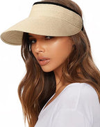 Womens Sun Visor Hat Straw Sun Visors for Women Summer Packable Ponytail Beach Hats for Women Travel UPF 80+