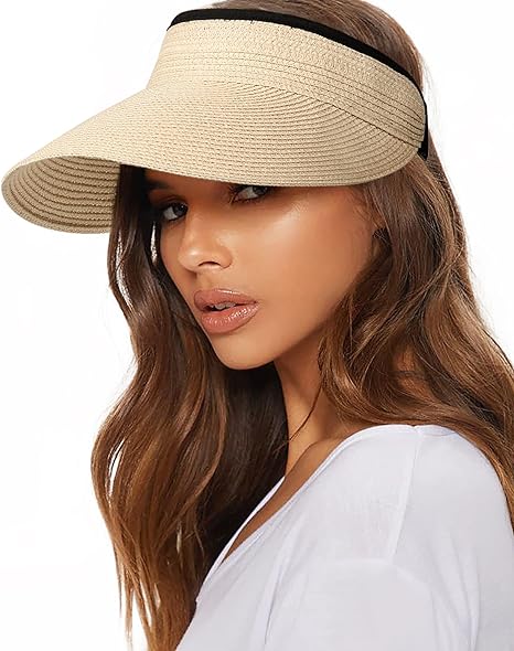 Womens Sun Visor Hat Straw Sun Visors for Women Summer Packable Ponytail Beach Hats for Women Travel UPF 80+