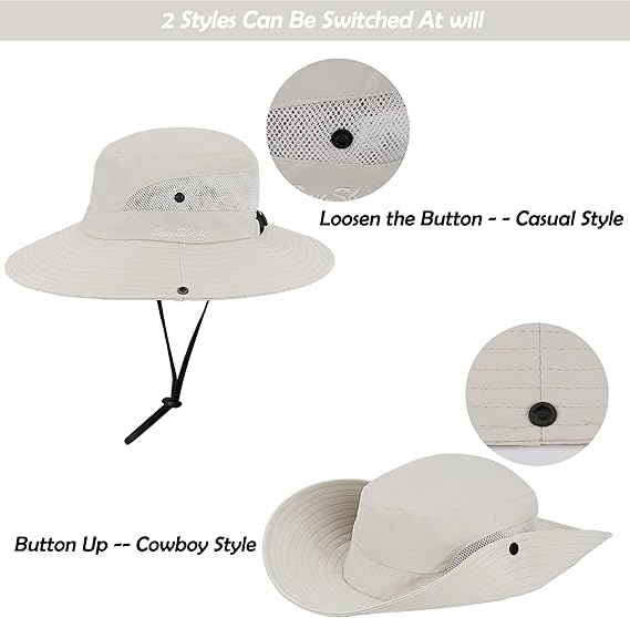 Women's Outdoor UV-Protection-Foldable Sun-Hats Mesh Wide-Brim Beach Fishing Hat with Ponytail-Hole