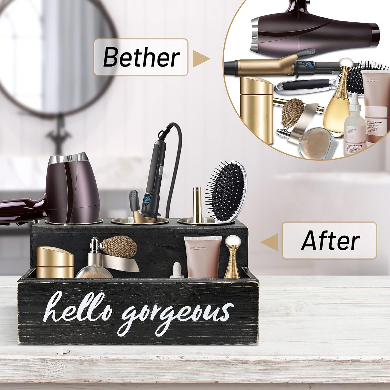 Hair Tool Organizer, Hair Dryer Holder with Drawer, Bathroom Countertop Organizer for Bathroom Accessories, Blow Dryer Organizer for Hair Styling Tools, Vanity Organizer for Bathroom, Vanity, Kitchen