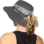 Women's Outdoor UV-Protection-Foldable Sun-Hats Mesh Wide-Brim Beach Fishing Hat with Ponytail-Hole