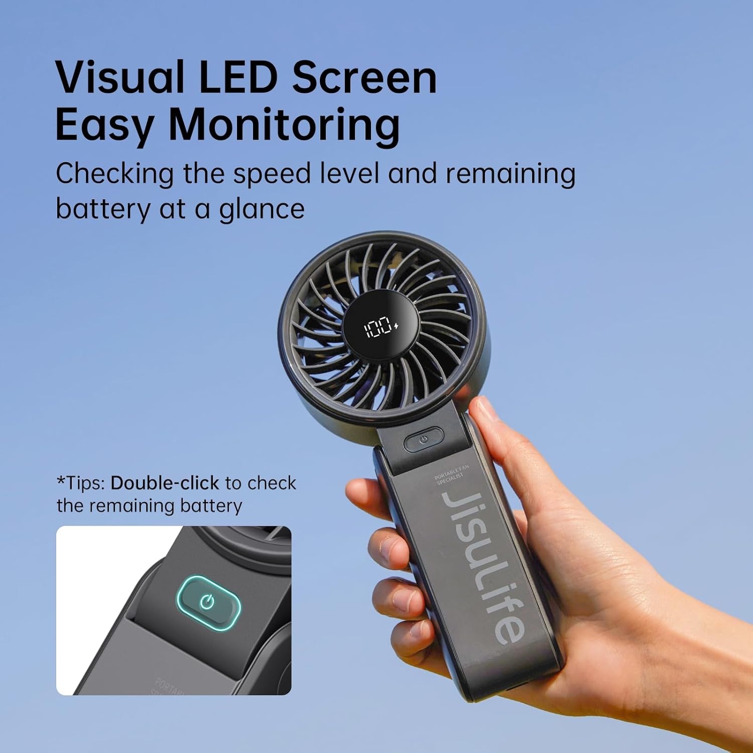 JISULIFE Handheld Fan Life7 – Ultimate Flexibility: Wide & Strong Airflow, 19.5H Max Cooling, 5000mAh Rechargeable, 5-Speed, LED Display, 3 IN 1 Portable Fan for Travel, Concerts, Sports Events
